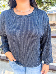 Marled Ribbed Knit Top - Navy