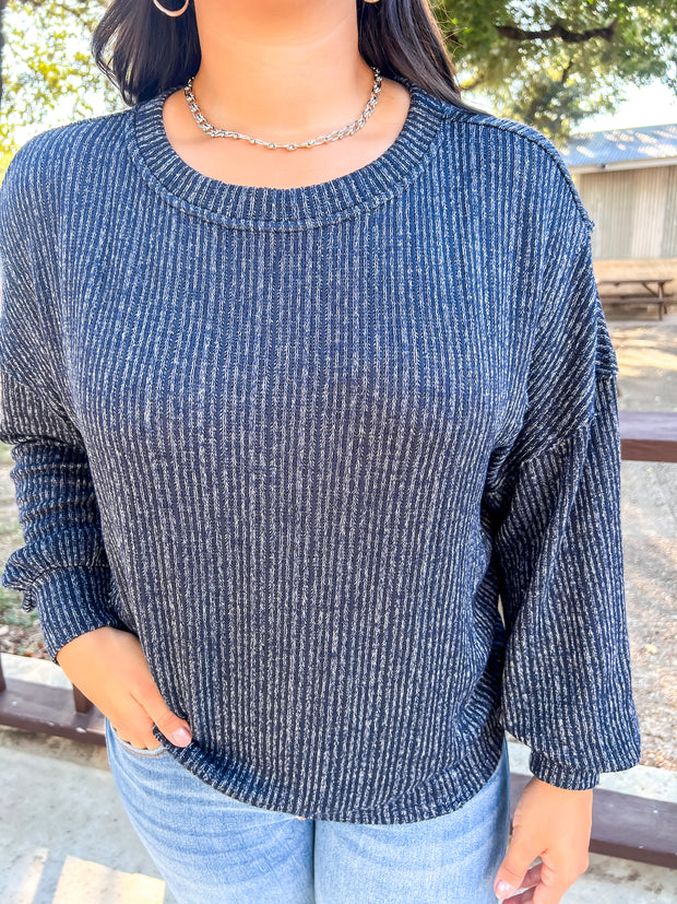 Marled Ribbed Knit Top - Navy