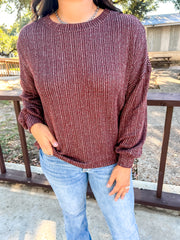 Marled Ribbed Knit Top - Maroon