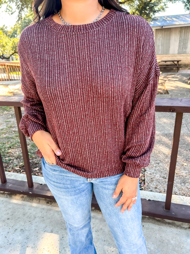 Marled Ribbed Knit Top - Maroon
