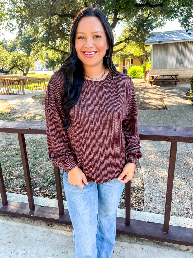 Marled Ribbed Knit Top - Maroon