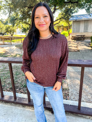 Marled Ribbed Knit Top - Maroon