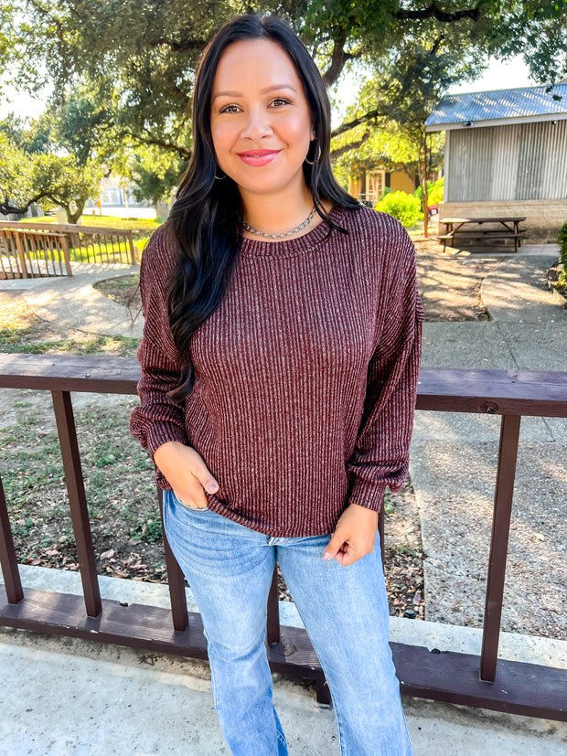 Marled Ribbed Knit Top - Maroon