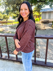 Marled Ribbed Knit Top - Maroon