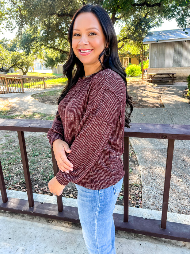 Marled Ribbed Knit Top - Maroon