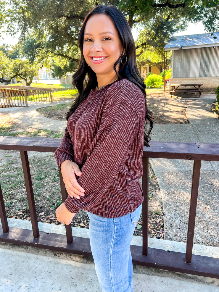 Marled Ribbed Knit Top - Maroon
