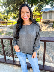 Marled Ribbed Knit Top - Charcoal