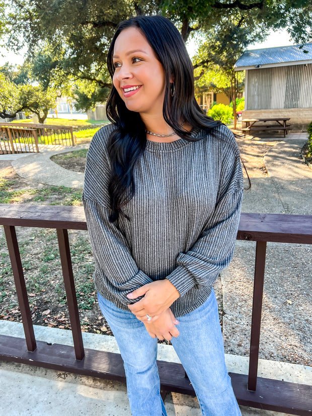 Marled Ribbed Knit Top - Charcoal