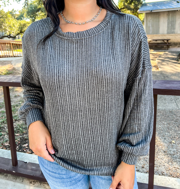 Marled Ribbed Knit Top - Charcoal