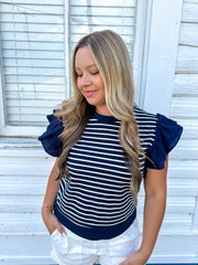 Striped Navy Ruffle Top