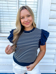 Striped Navy Ruffle Top