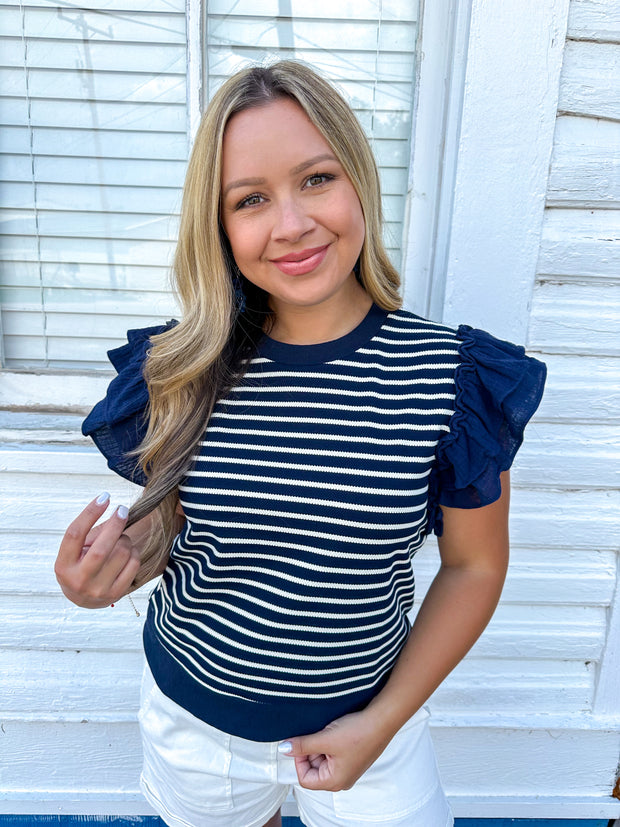Striped Navy Ruffle Top