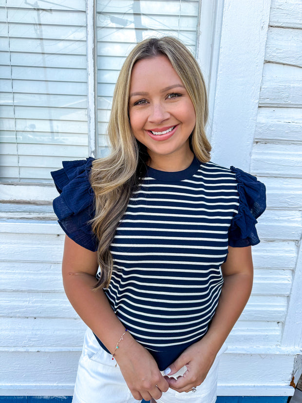 Striped Navy Ruffle Top