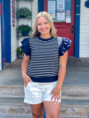 Striped Navy Ruffle Top