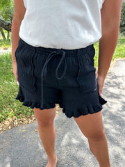 Cotton Gauze Ruffle Shorts - Black