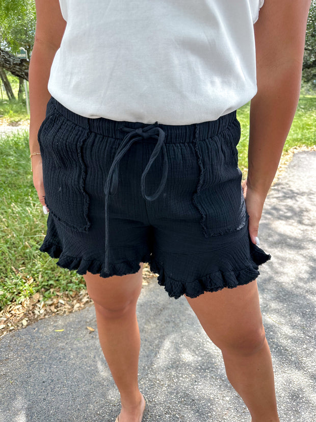 Cotton Gauze Ruffle Shorts - Black