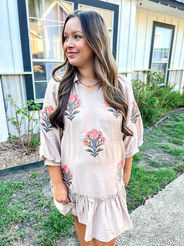 Embroidered Floral Dress - Latte