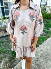 Embroidered Floral Dress - Latte