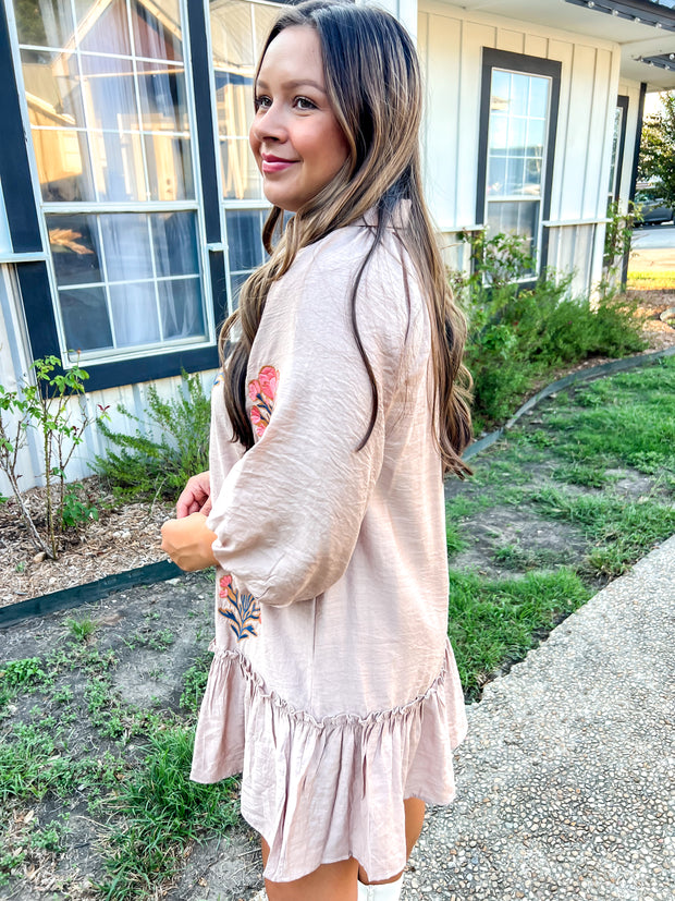 Embroidered Floral Dress - Latte
