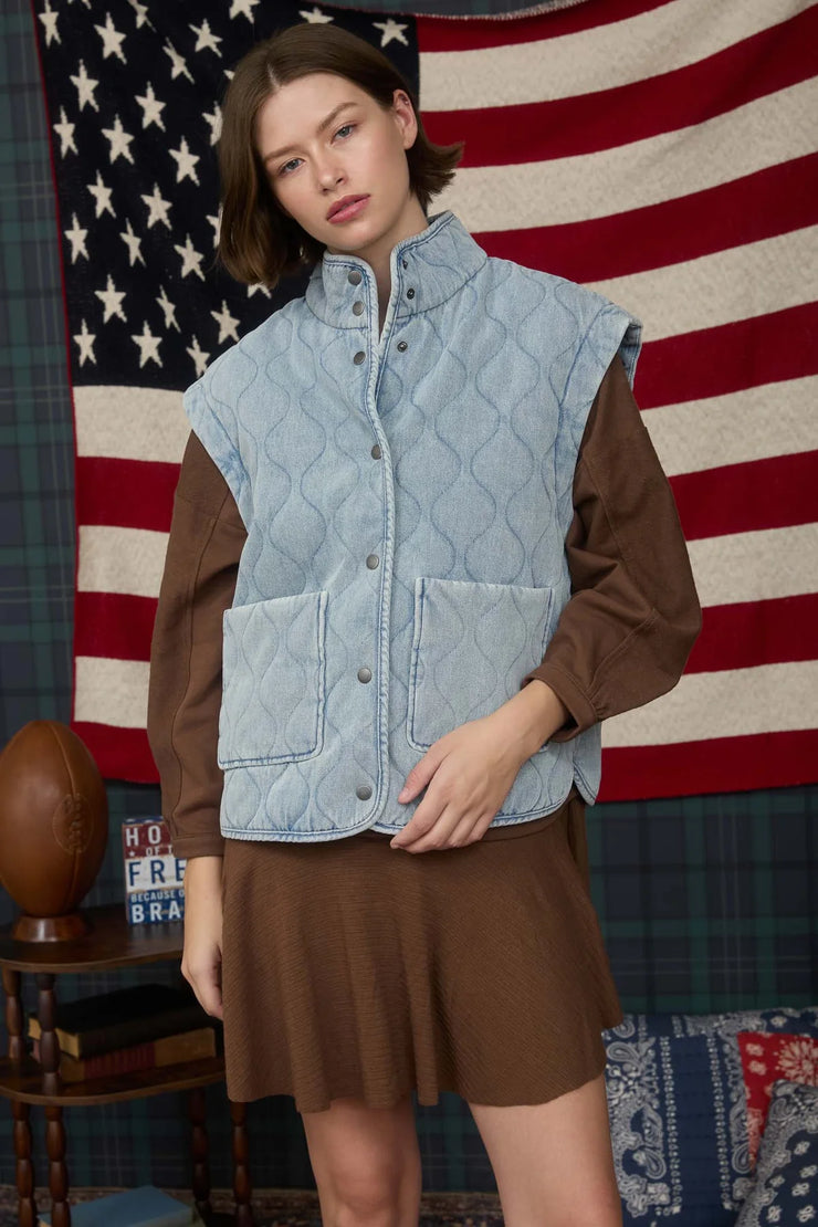 Washed Denim Quilted Vest