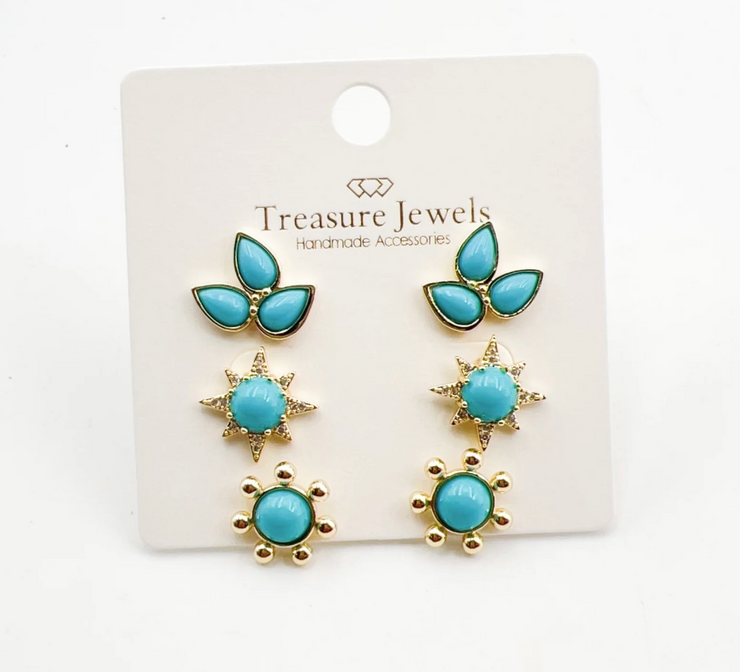 Turquoise Stud Earrings (3 sets) - Treasure Jewels