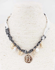 Scarf Necklace with Coin, Bow, & Pearl Charms - Black