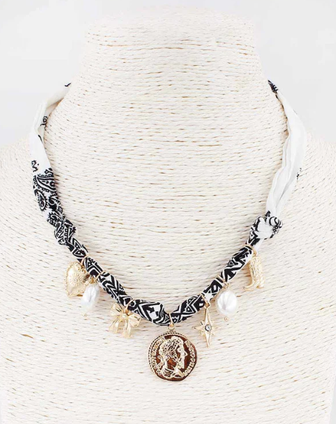 Scarf Necklace with Coin, Bow, & Pearl Charms - Black