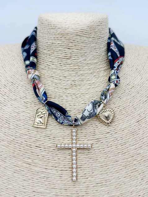Scarf Necklace with Pearl Cross - Navy