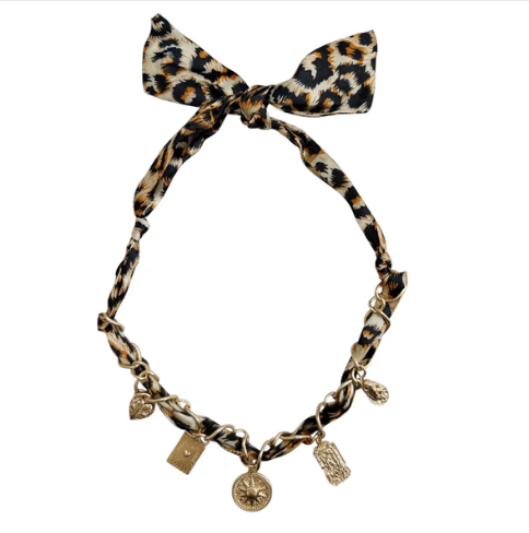 Scarf Necklace Gold Charms - Leopard