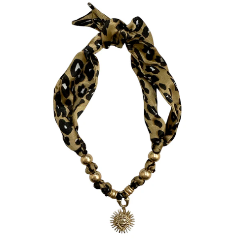 Scarf Necklace with Sunburst Charm - Cheetah