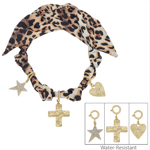 Scarf Necklace with Heart Cross and Star Charms - Cheetah