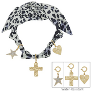 Scarf Necklace with Heart Cross and Star Charms - B/W Cheetah