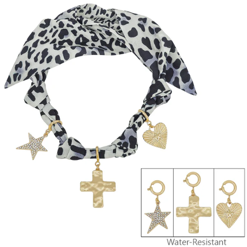 Scarf Necklace with Heart Cross and Star Charms - B/W Cheetah