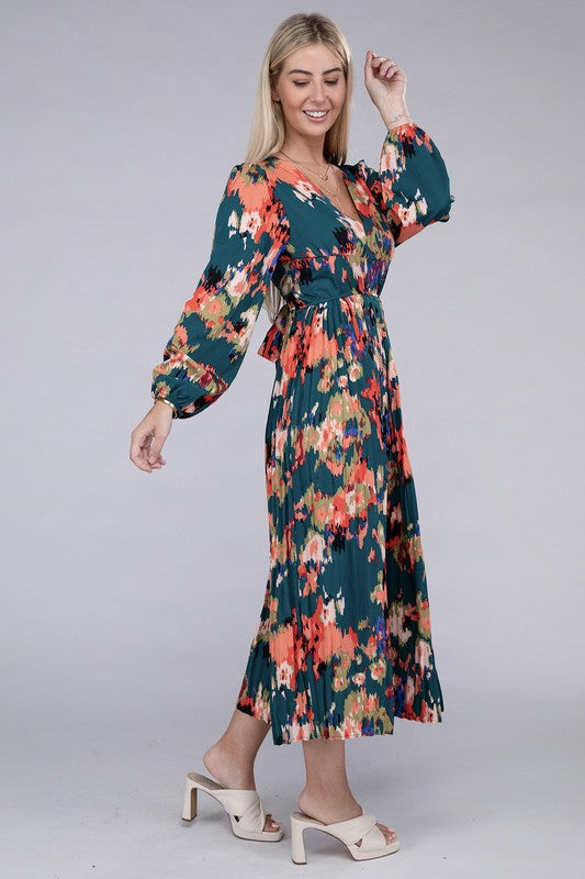 Floral Satin Pleated Maxi Dress